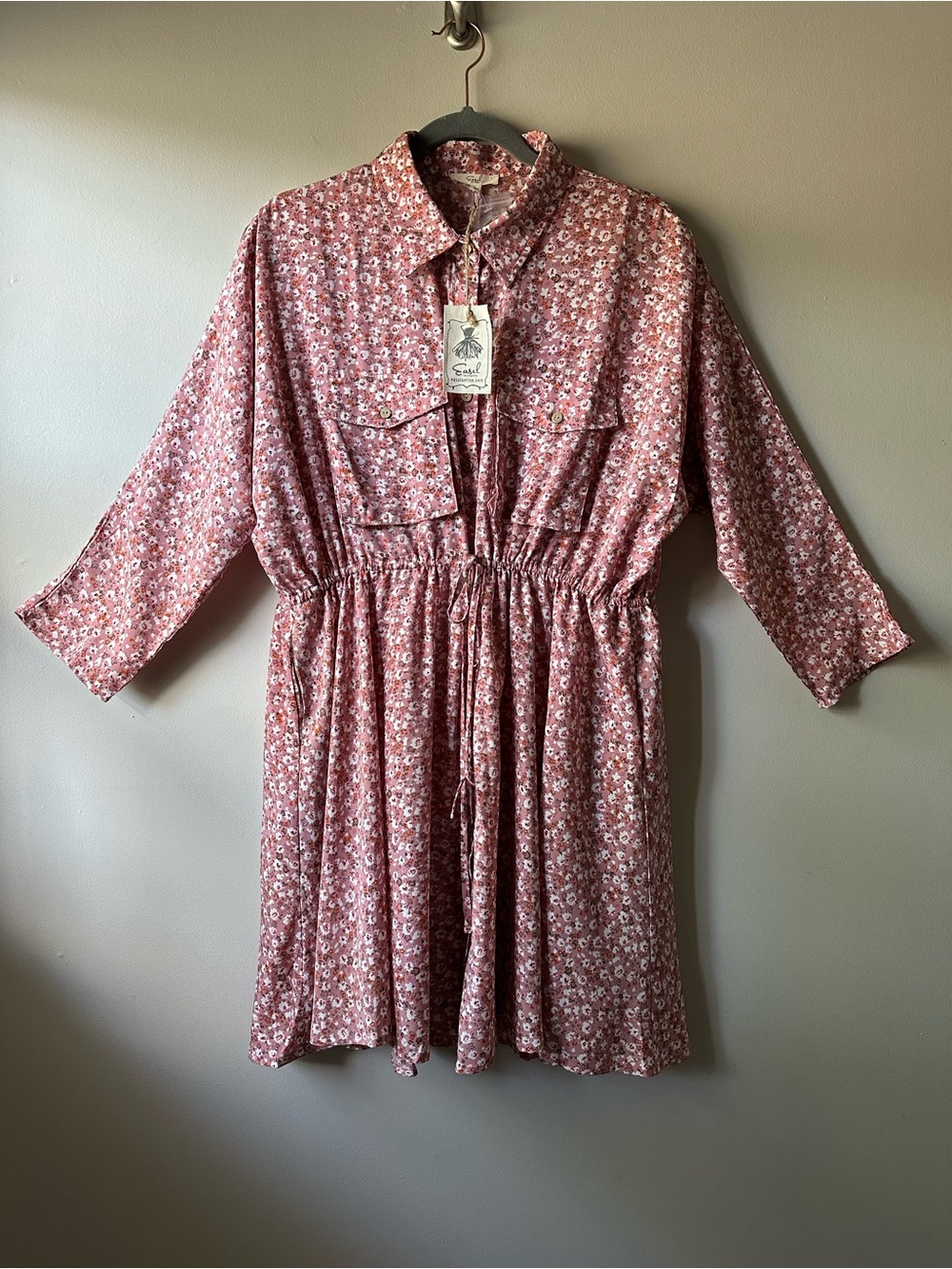 NWT Easel Los Angeles Synched Waist Floral Printed Mini Shirt Dress Size L Boho